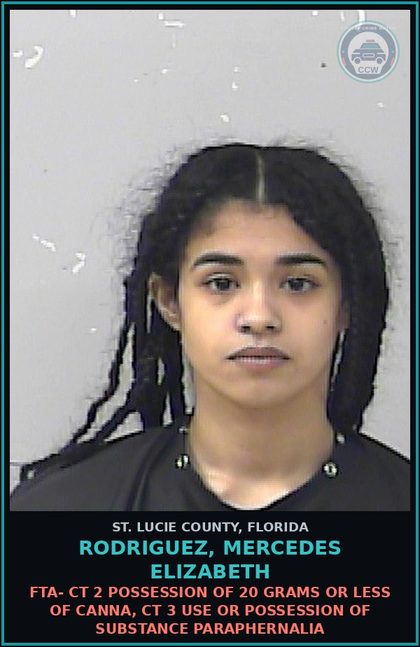 CCW arrest card for Rodriguez, Mercedes Elizabeth in St. Lucie County: Fta- Ct 2 Possession Of 20 Grams Or Less Of Canna, Ct 3 Use Or Possession Of Drug Paraphernalia