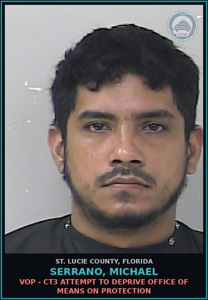 CCW arrest card for Serrano, Michael in St. Lucie County: Vop - Ct3 Attempt To Deprive Office Of Means On Protection