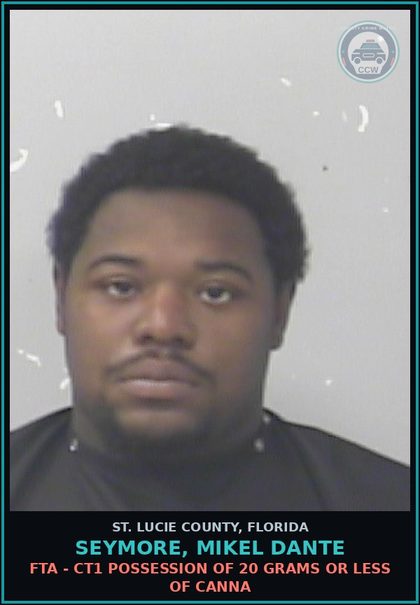CCW arrest card for Seymore, Mikel Dante in St. Lucie County: Fta - Ct1 Possession Of 20 Grams Or Less Of Canna