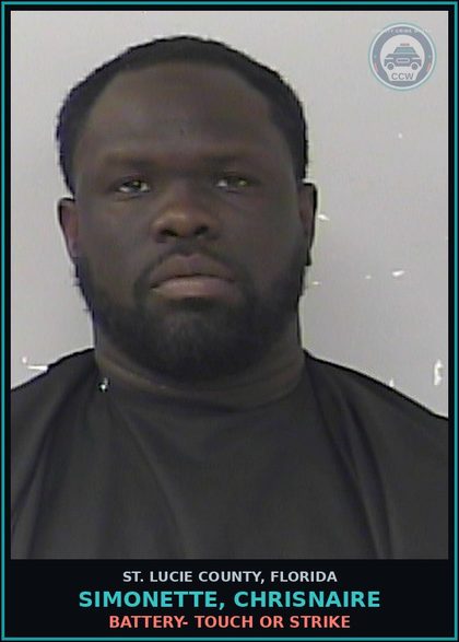CCW arrest card for Simonette, Chrisnaire in St. Lucie County: Battery- Touch Or Strike