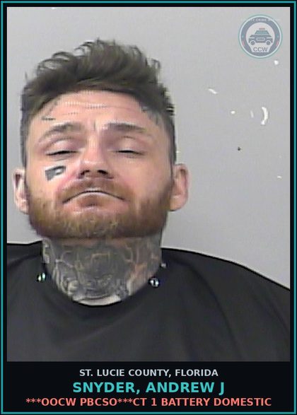 CCW arrest card for Snyder, Andrew J in St. Lucie County: ***oocw Pbcso***ct 1 Battery Domestic