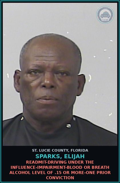 CCW arrest card for Sparks, Elijah in St. Lucie County: Readmit-driving Under The Influence-impairment-blood Or Breath Alcohol Level Of .15 Or More-one Prior Conviction
