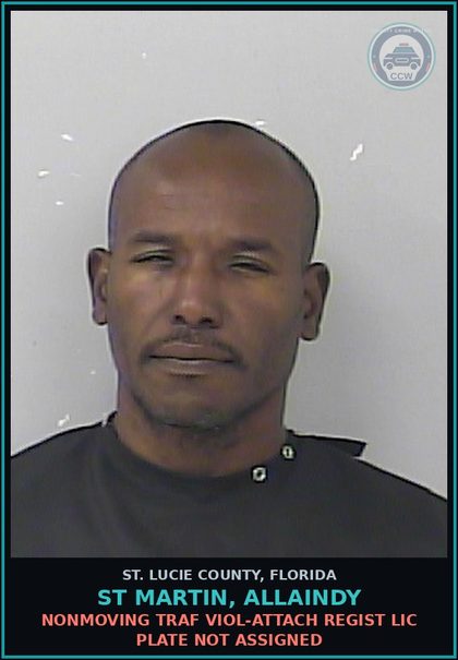 CCW arrest card for St Martin, Allaindy in St. Lucie County: Nonmoving Traf Viol-attach Regist Lic Plate Not Assigned