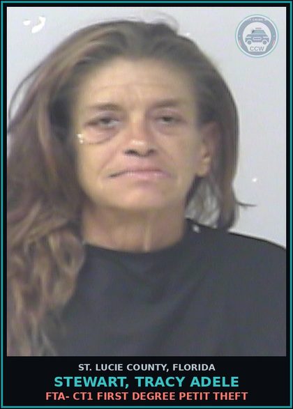 CCW arrest card for Stewart, Tracy Adele in St. Lucie County: Fta- Ct1 First Degree Petit Theft
