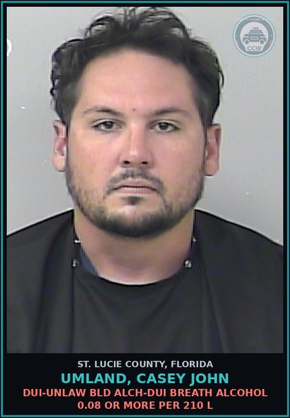 CCW arrest card for Umland, Casey John in St. Lucie County: Dui-unlaw Bld Alch-dui Breath Alcohol 0.08 Or More Per 210 L