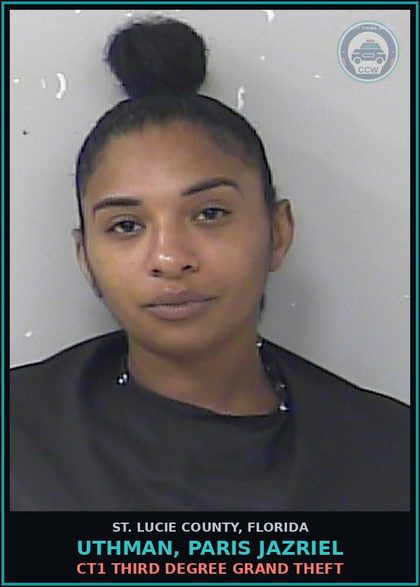 CCW arrest card for Uthman, Paris Jazriel in St. Lucie County: Ct1 Third Degree Grand Theft