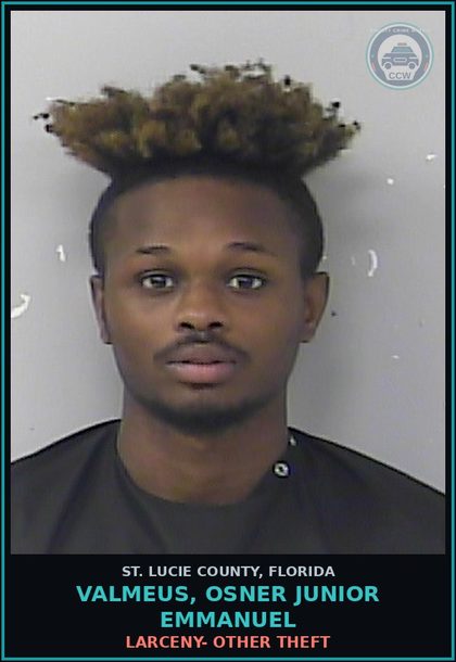 CCW arrest card for Valmeus, Osner Junior Emmanuel in St. Lucie County: Larceny- Other Theft