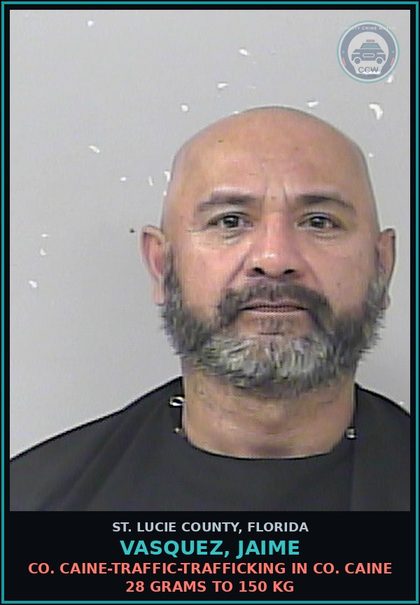 CCW arrest card for Vasquez, Jaime in St. Lucie County: Cocaine-traffic-trafficking In Cocaine 28 Grams To 150 Kg