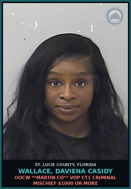CCW arrest card for Wallace, Daviena Casidy in St. Lucie County: Oocw **martin Co** Vop Ct1 Criminal Mischief $1000 Or More