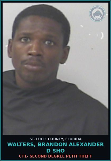 CCW arrest card for Walters, Brandon Alexander D Sho in St. Lucie County: Drugs-possess contr substance W/o Prescription