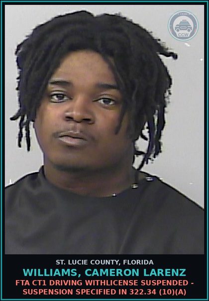 CCW arrest card for Williams, Cameron Larenz in St. Lucie County: Fta Ct1 Driving Withlicense Suspended - Suspension Specified In 322.34 (10)(a)