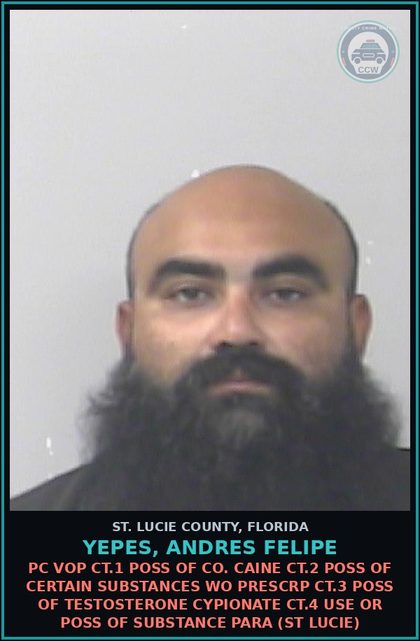 CCW arrest card for Yepes, Andres Felipe in St. Lucie County: Pc Vop Ct.1 Poss Of Cocaine Ct.2 Poss Of Certain Drugs Wo Prescription Ct.3 Poss Of Testosterone Cypionate Ct.4 Use Or Poss Of Drug Para (st Lucie)