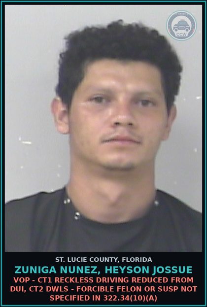 CCW arrest card for Zuniga Nunez, Heyson Jossue in St. Lucie County: Moving Traf Viol - Dwlsr Revocation Equiv Status 2nd Subs Off