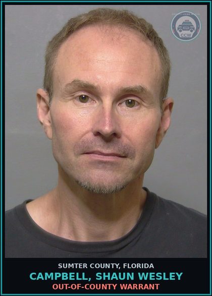 CCW arrest card for CAMPBELL, SHAUN WESLEY in Sumter County: OUT-OF-COUNTY WARRANT