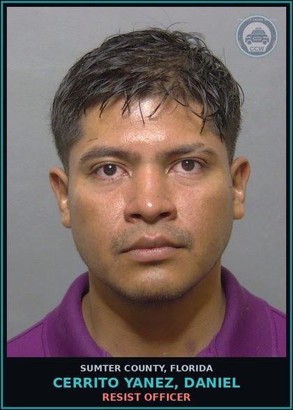 CCW arrest card for CERRITO YANEZ, DANIEL in Sumter County: RESIST OFFICER