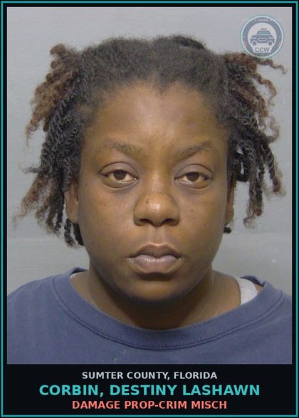 CCW arrest card for CORBIN, DESTINY LASHAWN in Sumter County: DAMAGE PROP-CRIM MISCH