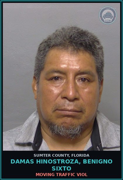 CCW arrest card for DAMAS HINOSTROZA, BENIGNO SIXTO in Sumter County: MOVING TRAFFIC VIOL