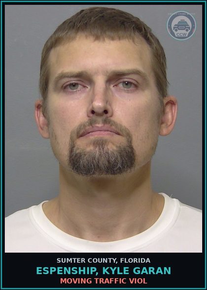 CCW arrest card for ESPENSHIP, KYLE GARAN in Sumter County: MOVING TRAFFIC VIOL