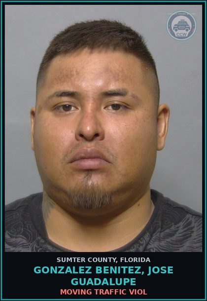 CCW arrest card for GONZALEZ BENITEZ, JOSE GUADALUPE in Sumter County: MOVING TRAFFIC VIOL