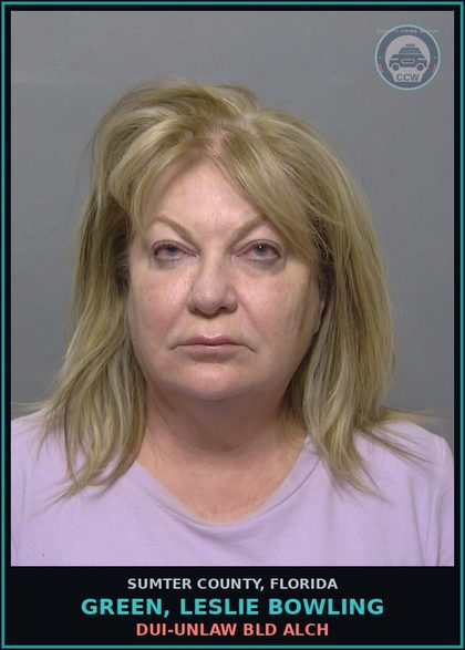CCW arrest card for GREEN, LESLIE BOWLING in Sumter County: DUI-UNLAW BLD ALCH