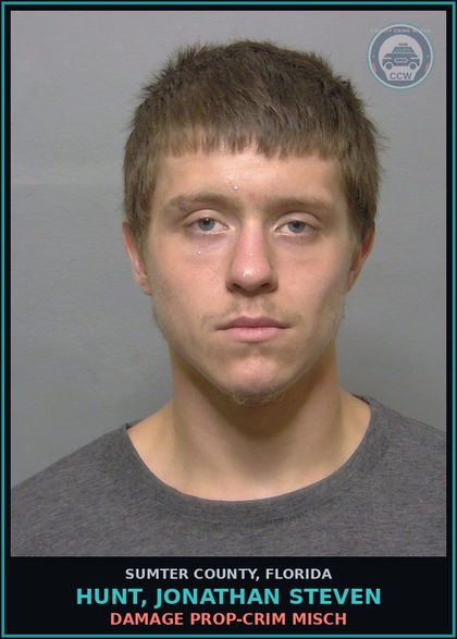 CCW arrest card for HUNT, JONATHAN STEVEN in Sumter County: DAMAGE PROP-CRIM MISCH