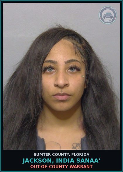 CCW arrest card for JACKSON, INDIA SANAA' in Sumter County: OUT-OF-COUNTY WARRANT