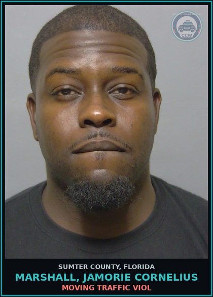 CCW arrest card for MARSHALL, JAMORIE CORNELIUS in Sumter County: MOVING TRAFFIC VIOL