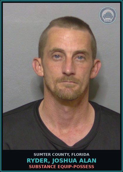 CCW arrest card for RYDER, JOSHUA ALAN in Sumter County: DRUG EQUIP-POSSESS