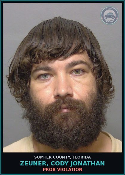 CCW arrest card for ZEUNER, CODY JONATHAN in Sumter County: PROB VIOLATION