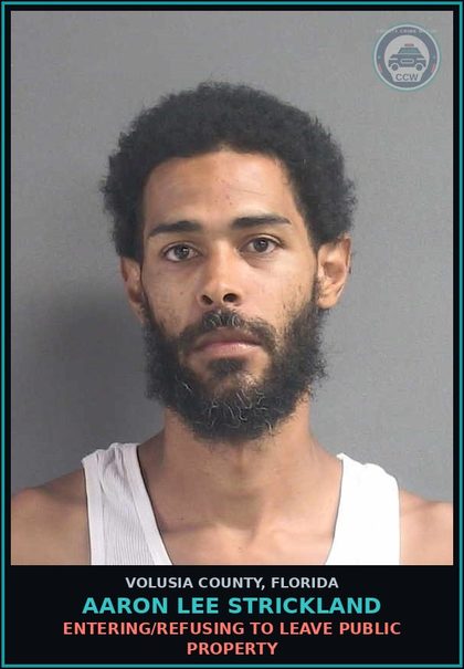 CCW arrest card for AARON LEE STRICKLAND in Volusia County: ENTERING/REFUSING TO LEAVE PUBLIC PROPERTY