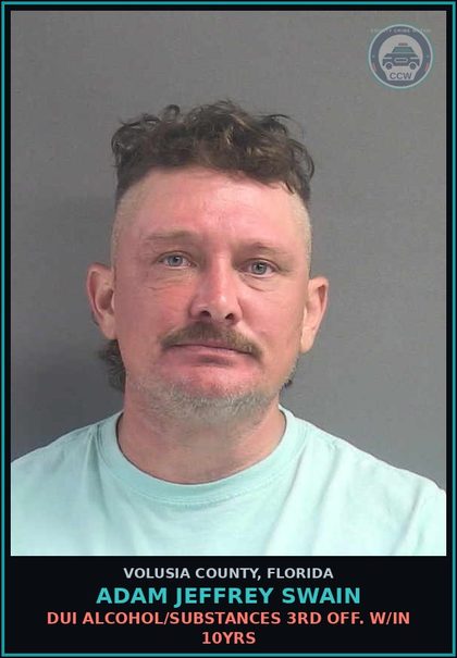 CCW arrest card for ADAM JEFFREY SWAIN in Volusia County: DUI ALCOHOL/SUBSTANCES 3RD OFF. W/IN 10YRS