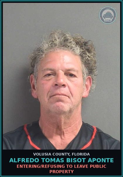CCW arrest card for ALFREDO TOMAS BISOT APONTE in Volusia County: ENTERING/REFUSING TO LEAVE PUBLIC PROPERTY