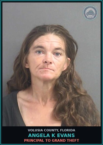 CCW arrest card for ANGELA K EVANS in Volusia County: PRINCIPAL TO GRAND THEFT