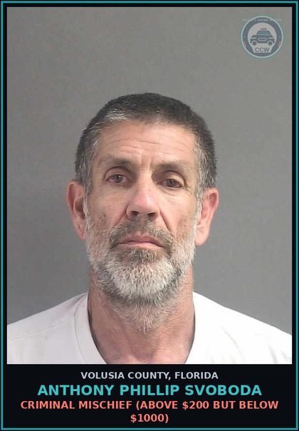 CCW arrest card for ANTHONY PHILLIP SVOBODA in Volusia County: CRIMINAL MISCHIEF (ABOVE $200 BUT BELOW $1000)