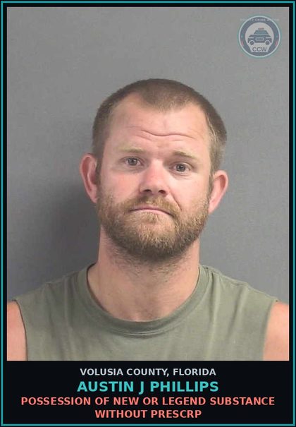 CCW arrest card for AUSTIN J PHILLIPS in Volusia County: POSSESS CONTR SUBSTANCE W/O PRESCRP
