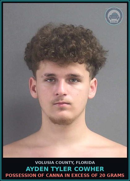 CCW arrest card for AYDEN TYLER COWHER in Volusia County: POSS.ALCOHOLIC BEVERAGE BY PERSON UNDER 21