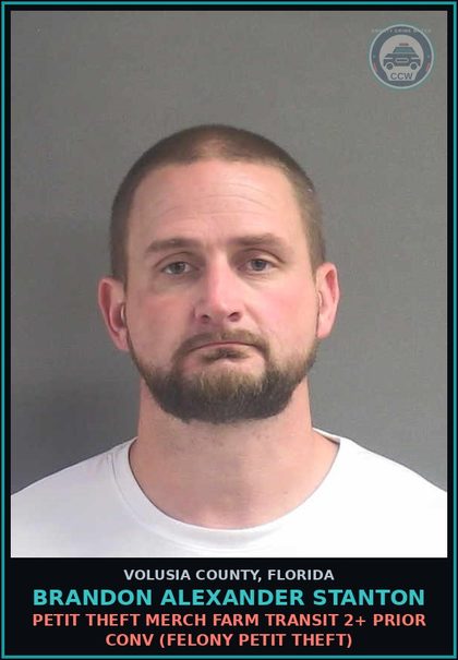 CCW arrest card for BRANDON ALEXANDER STANTON in Volusia County: PETIT THEFT MERCH FARM TRANSIT 2+ PRIOR CONV (FELONY PETIT THEFT)