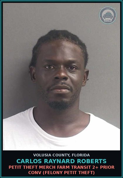 CCW arrest card for CARLOS RAYNARD ROBERTS in Volusia County: PETIT THEFT MERCH FARM TRANSIT 2+ PRIOR CONV (FELONY PETIT THEFT)