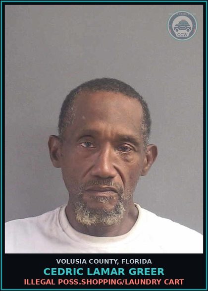 CCW arrest card for CEDRIC LAMAR GREER in Volusia County: ILLEGAL POSS.SHOPPING/LAUNDRY CART