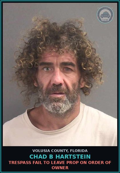 CCW arrest card for CHAD B HARTSTEIN in Volusia County: TRESPASS FAIL TO LEAVE PROP ON ORDER OF OWNER
