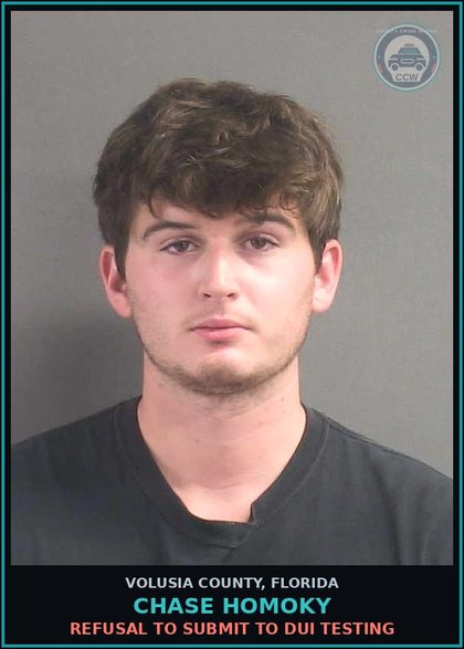 CCW arrest card for CHASE HOMOKY in Volusia County: REFUSAL TO SUBMIT TO DUI TESTING