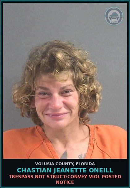 CCW arrest card for CHASTIAN JEANETTE ONEILL in Volusia County: TRESPASS NOT STRUCT/CONVEY VIOL POSTED NOTICE