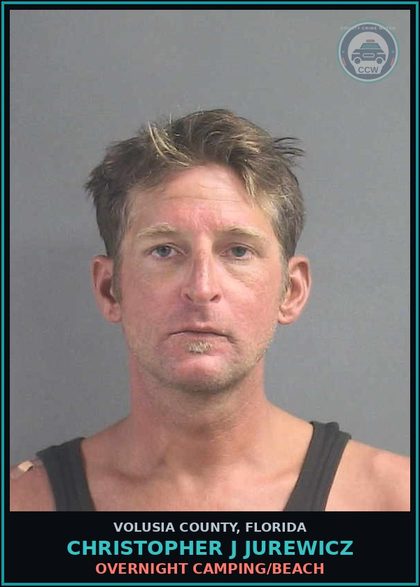 CCW arrest card for CHRISTOPHER J JUREWICZ in Volusia County: OVERNIGHT CAMPING/BEACH