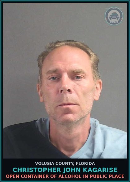 CCW arrest card for CHRISTOPHER JOHN KAGARISE in Volusia County: OPEN CONTAINER OF ALCOHOL IN PUBLIC PLACE