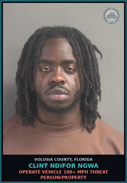 CCW arrest card for CLINT NDIFOR NGWA in Volusia County: OPERATE VEHICLE 100+ MPH THREAT PERSON/PROPERTY
