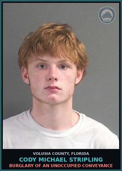 CCW arrest card for CODY MICHAEL STRIPLING in Volusia County: BURGLARY OF AN UNOCCUPIED CONVEYANCE