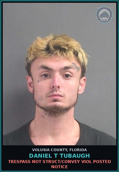 CCW arrest card for DANIEL T TUBAUGH in Volusia County: TRESPASS NOT STRUCT/CONVEY VIOL POSTED NOTICE