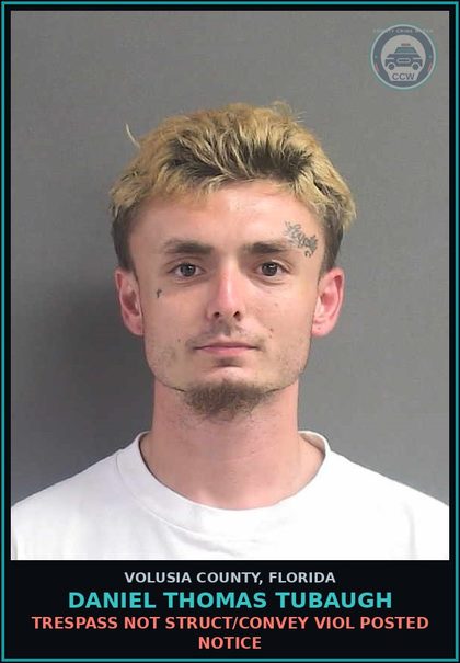 CCW arrest card for DANIEL THOMAS TUBAUGH in Volusia County: TRESPASS NOT STRUCT/CONVEY VIOL POSTED NOTICE