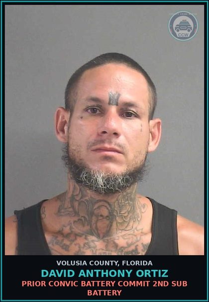 CCW arrest card for DAVID ANTHONY ORTIZ in Volusia County: PRIOR CONVIC BATTERY COMMIT 2ND SUB BATTERY