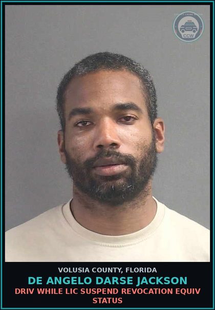 CCW arrest card for DE ANGELO DARSE JACKSON in Volusia County: DRIV WHILE LIC SUSPEND REVOCATION EQUIV STATUS
